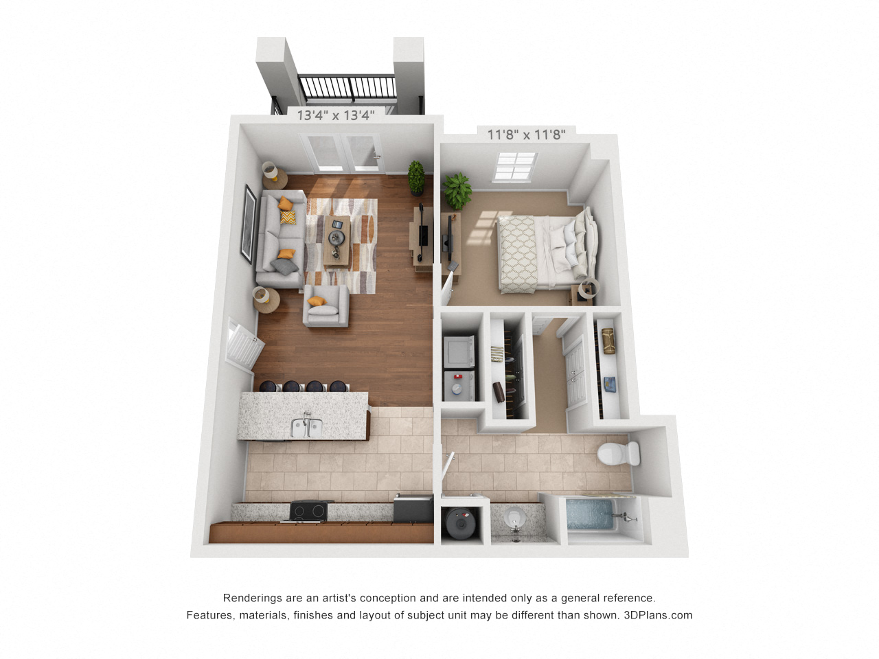 Floor plan for 1 bed, 1 bath, 720 sqft